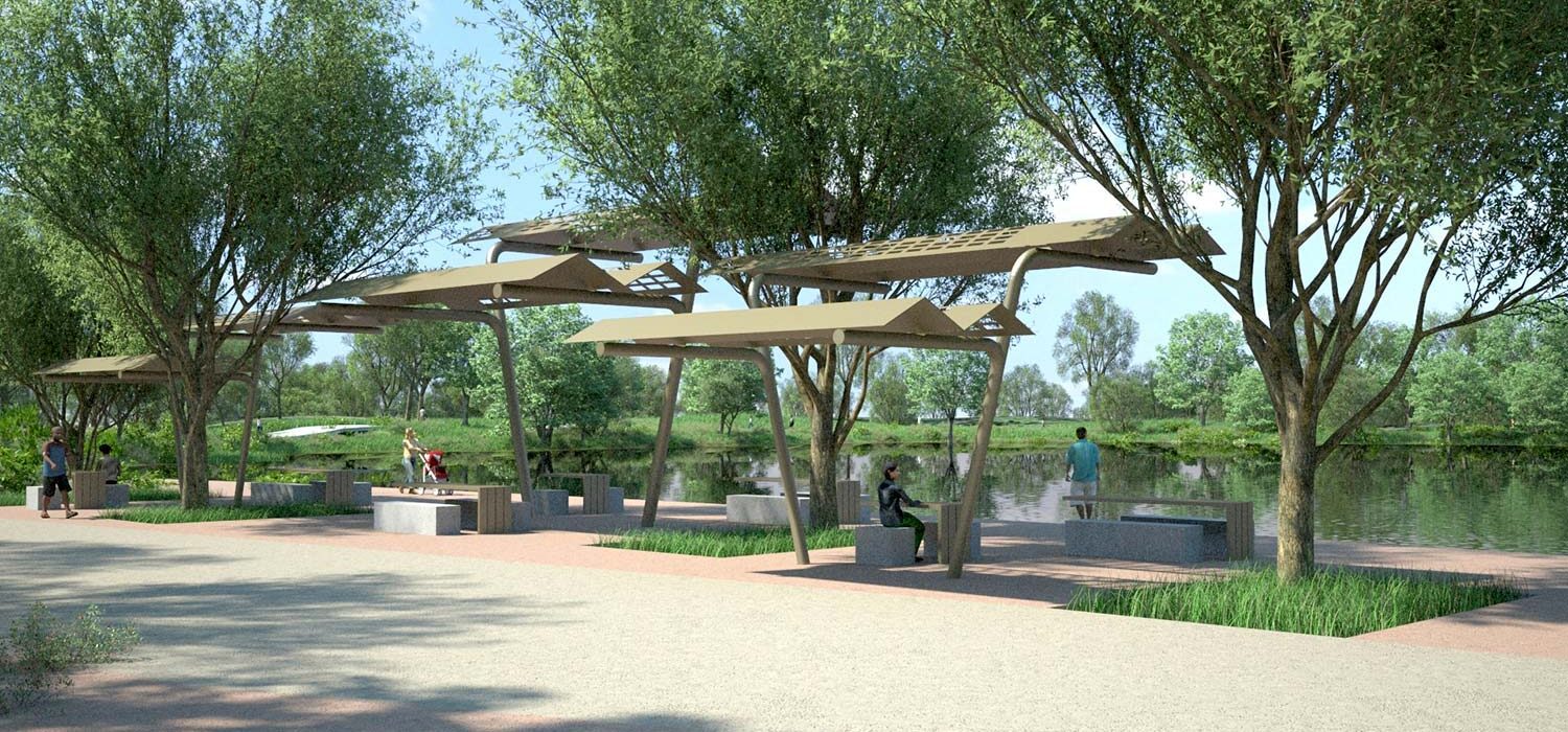 shaded pavilions by lake at Trinity Forest spine trail